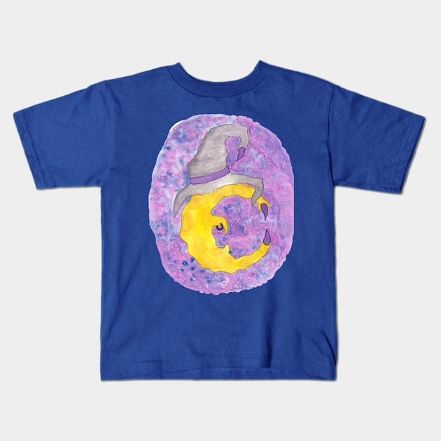 Clawed Witchy Moon Against the Starry Night Sky Hand Drawn Watercolor and Ink Artwork Kids T-Shirt by EndlessDoodles